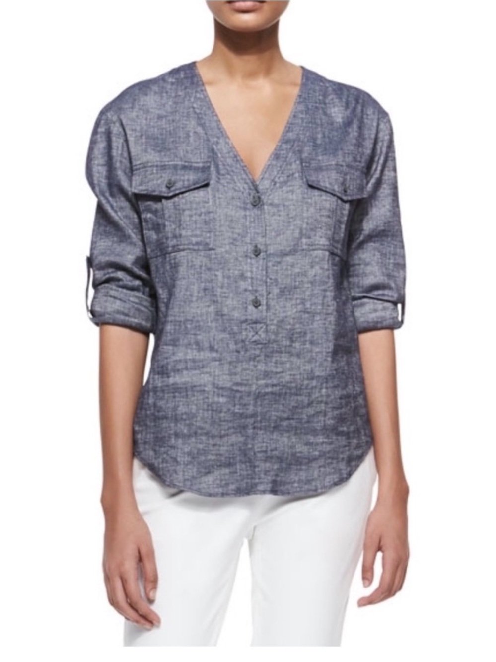 Theory Trisalta Tab Sleeve Chambray V-Neck Linen Blend Shirt. Size Small